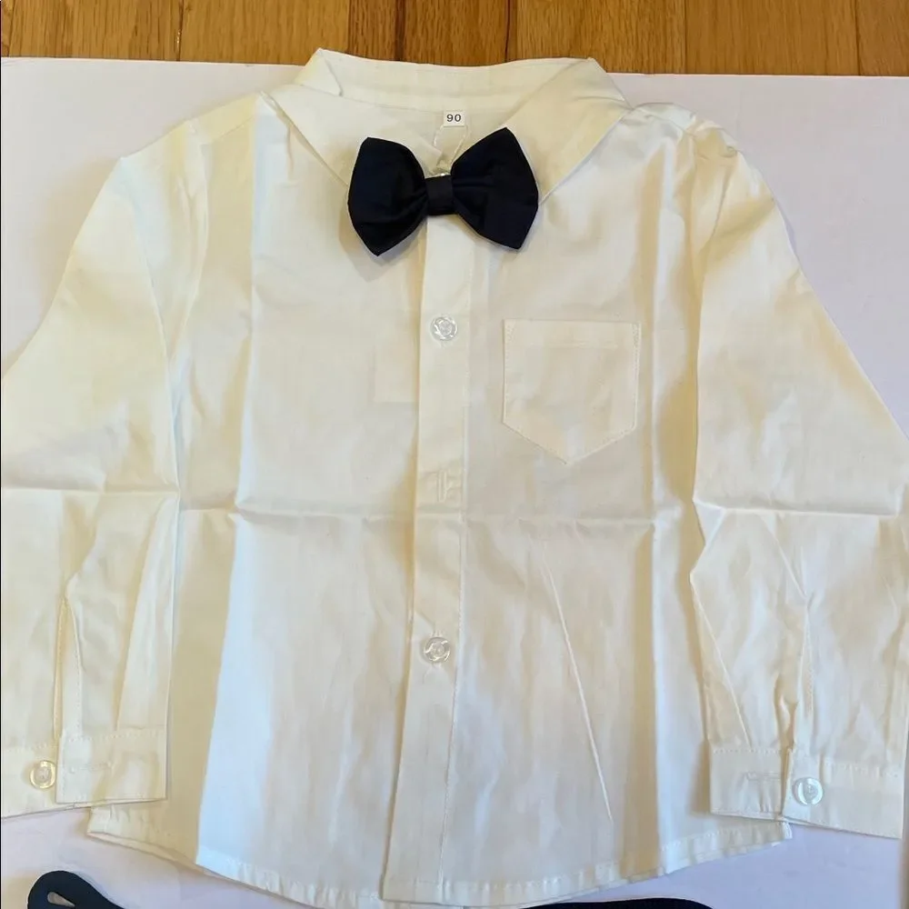 White Shirt and Gray Pants 3 piece  Set with navy Blue  Bow Tie and suspenders